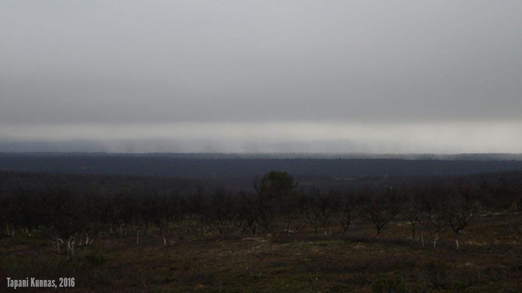 Tuuli tuo etelälounaasta lumikuuroja, kun valmistaudun lähtemään liikkeelle.