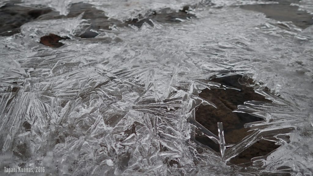 Lisää jäämuodostelmia suolle virtaavassa purossa.