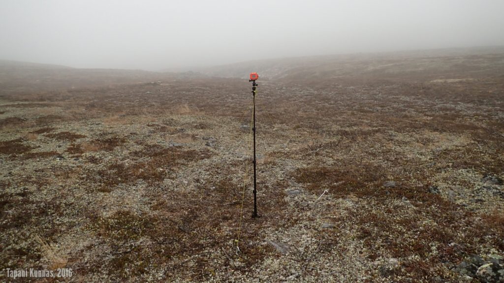 Videokuvauskalustoni: Action-kamera kolmella narulla tuetun selfiekepin nokassa. Taustalla näkyy Davimušalášin pohjoispuolinen rotko, johon olen menossa. Tuntureilta alas valuva pilvi on hetkeä aikaisemmin saavuttanut minut ja kietoo vähitellen koko maiseman vaippaansa.